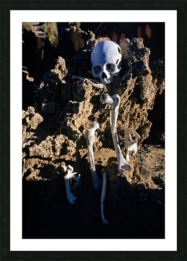 Human skeleton partially buried in rocky terrain. Picture Frame print