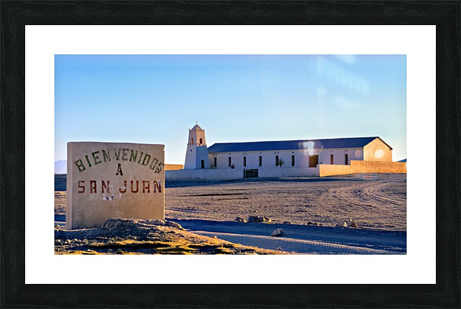 San Juan welcome sign and desert church building. Picture Frame print