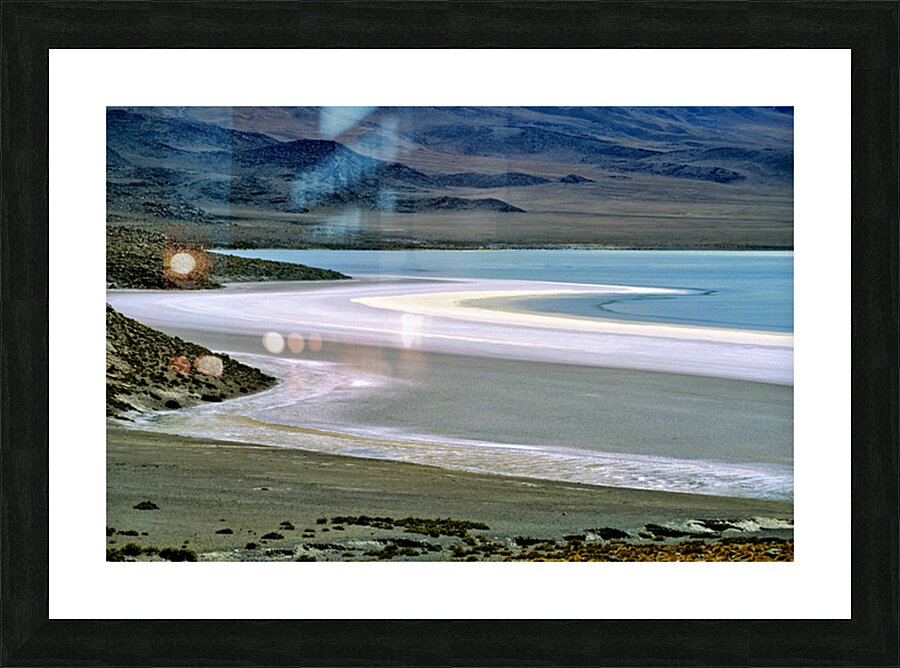 Scenic desert lake with white shore and rocky mountains. Picture Frame print