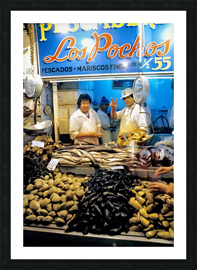 Lively fish market with fresh seafood and a peace sign. Picture Frame print
