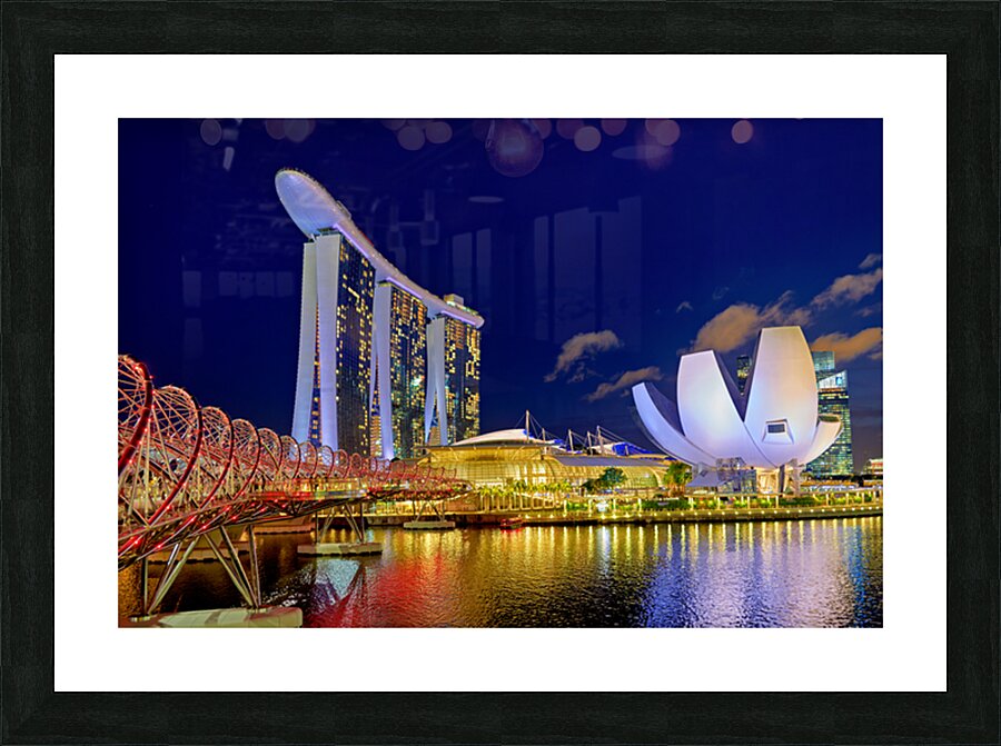 Sunset at marina bay sands artscience museum and helix bridge Picture Frame print
