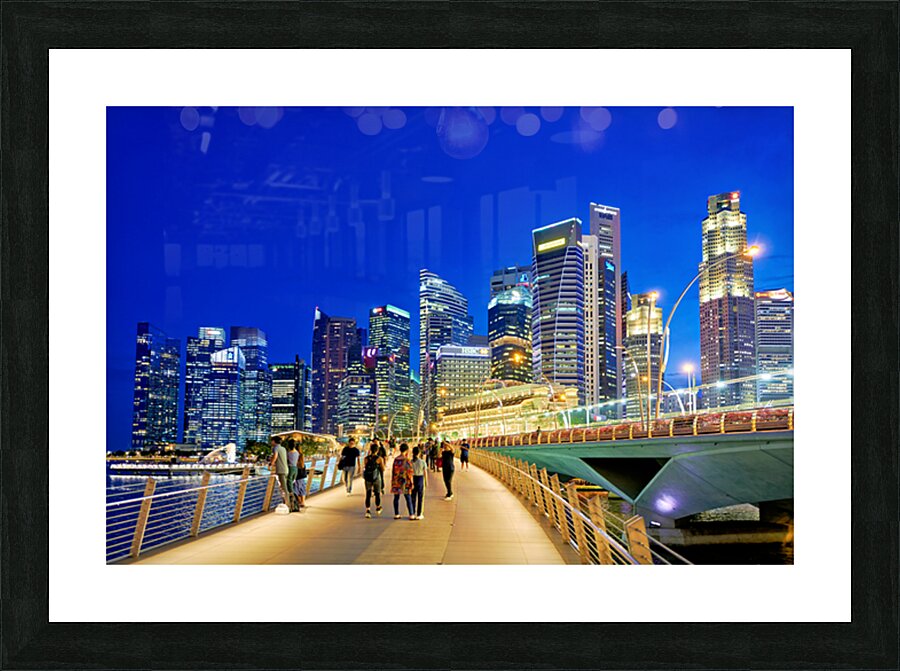 City skyline and people walking at sunset near Marina Bay Picture Frame print