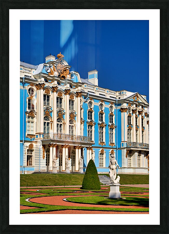 Catherine Palace in Saint Petersburg with blue facade and garden Picture Frame print