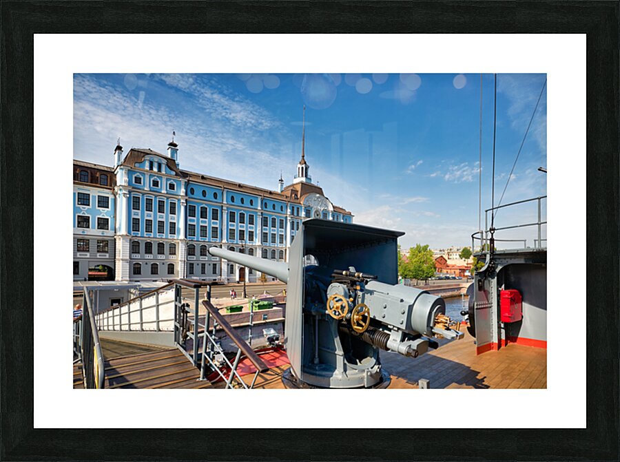 Cruiser Aurora in St. Petersburg with city background Picture Frame print