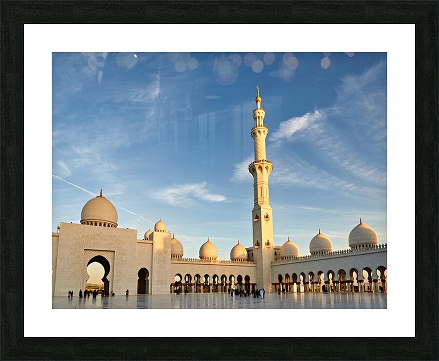 Visit the Sheikh Zayed Grand Mosque at sunset in Abu Dhabi Picture Frame print