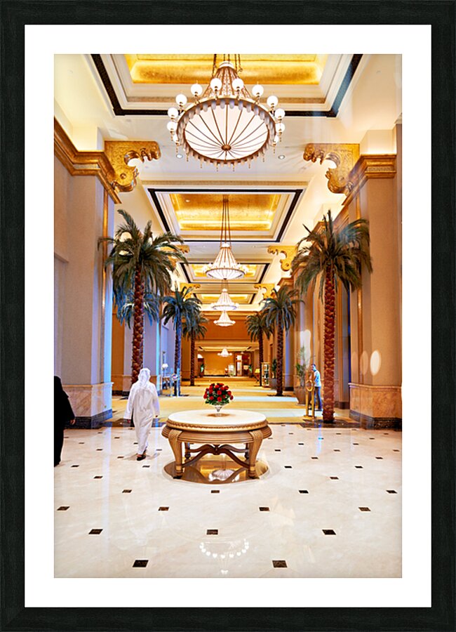 Visitors stroll through Emirates Palace Hotel lobby Picture Frame print