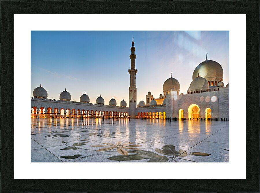 Exploring Sheikh Zayed Grand Mosque in Abu Dhabi at dusk Picture Frame print