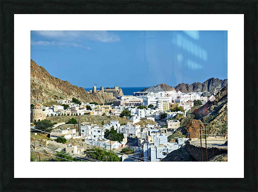 Cityscape of Muscat Oman with mountains and ocean view Picture Frame print