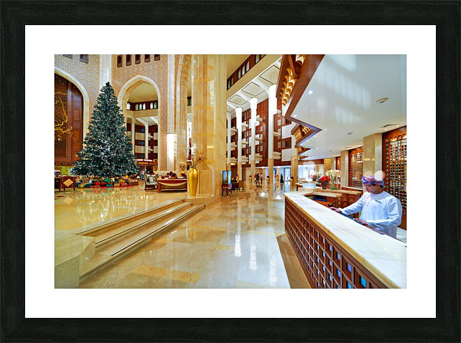 Luxury hotel lobby during holiday season in Oman Picture Frame print