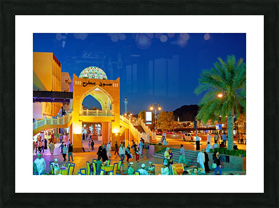 Waterfront view of Mutrah Souq in Muscat at sunset time Picture Frame print