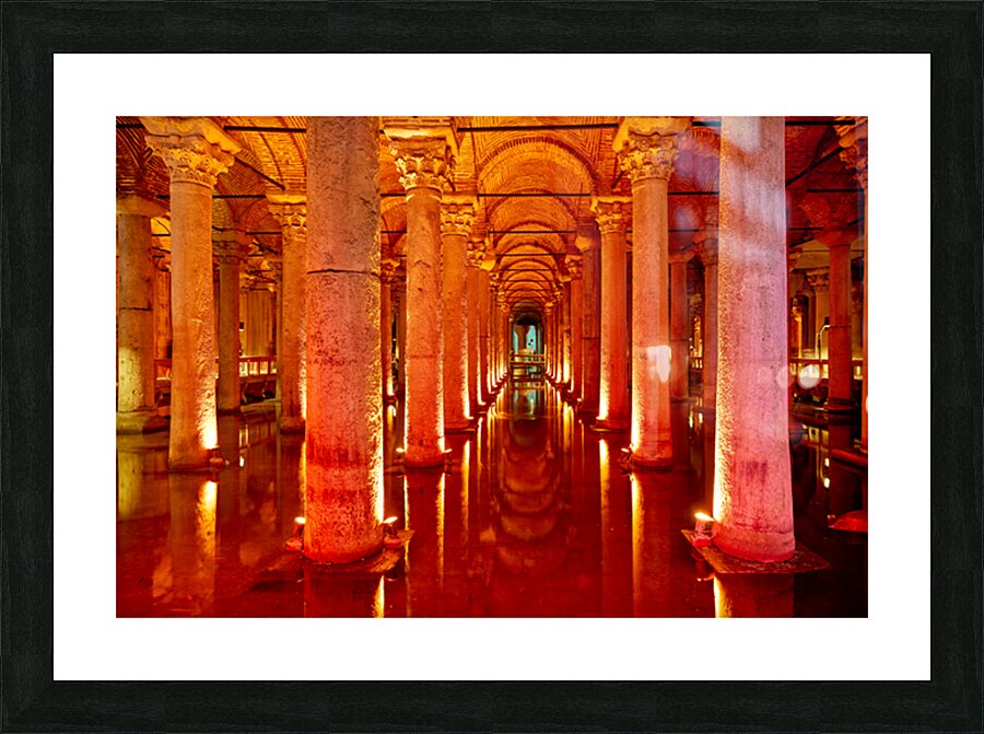 Explore Basilica Cistern at night with reflected lights Picture Frame print