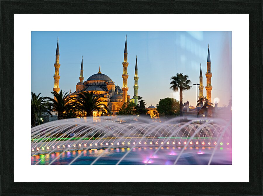 Visit to Blue Mosque and fountain at twilight in Istanbul Picture Frame print