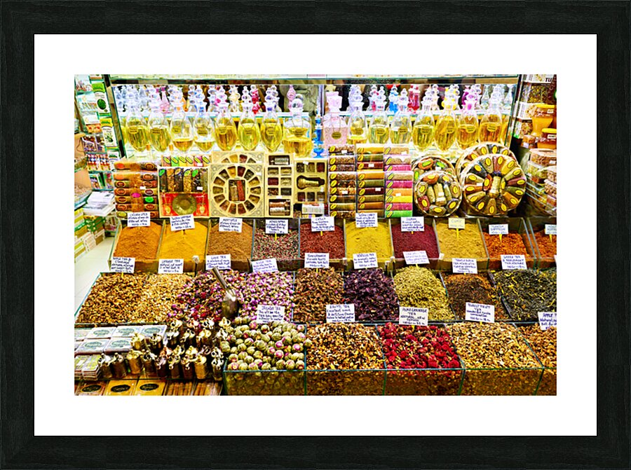 Discover many spices and oils in Istanbuls Grand Bazaar Picture Frame print