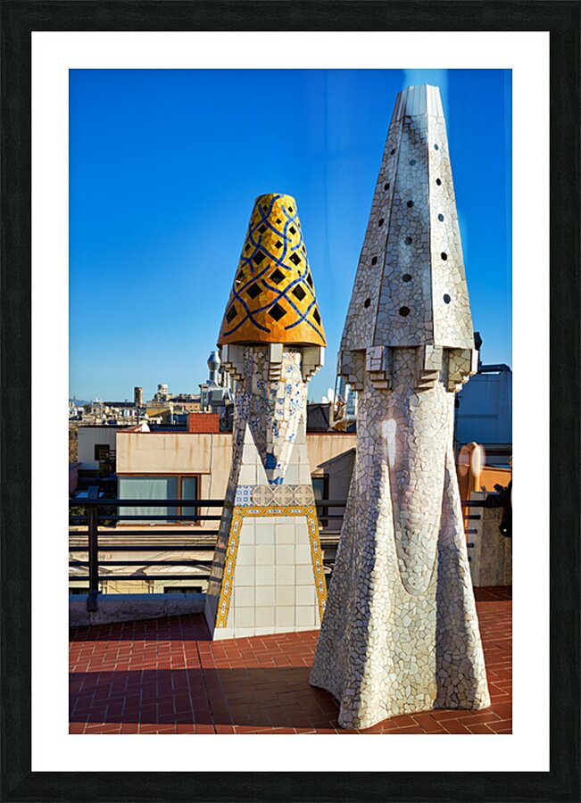 Exploring the rooftop of Palau Guell in Barcelona Spain Picture Frame print