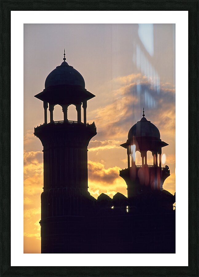 Badshahi mosque towers at sunset in Lahore Picture Frame print