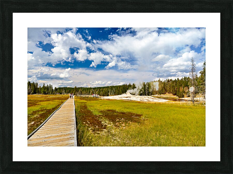 Visitors stroll the Upper Geyser Basin boardwalk Picture Frame print