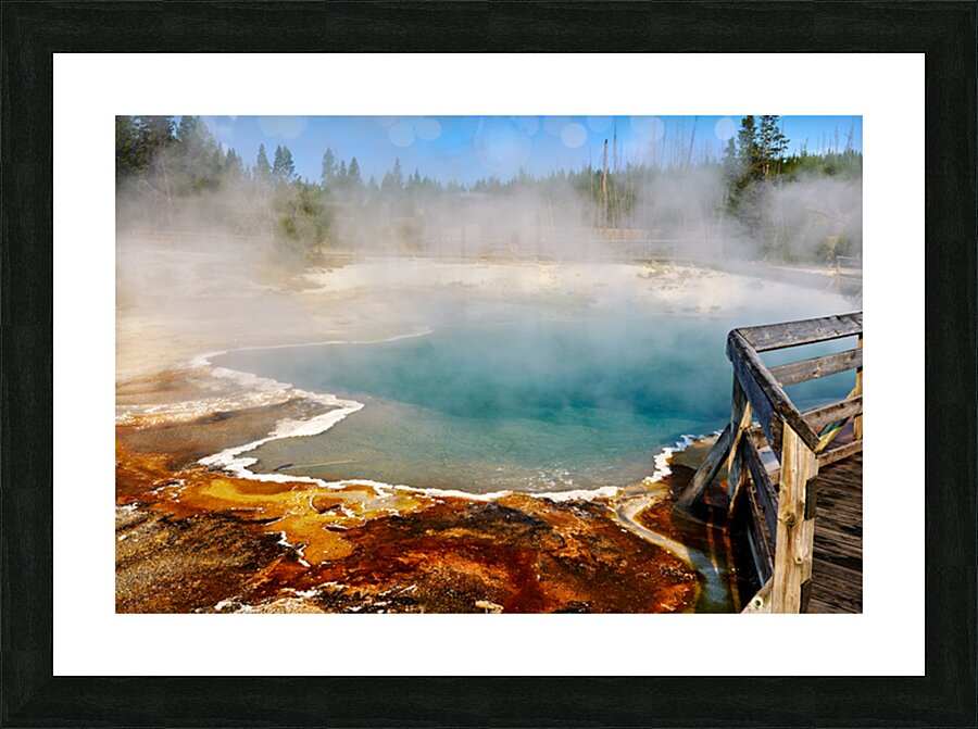 Steam rises from Abyss Pool as blue water reflects the surrounding landscape at Yellowstone National Park. Visitors explore the area nearby. Picture Frame print