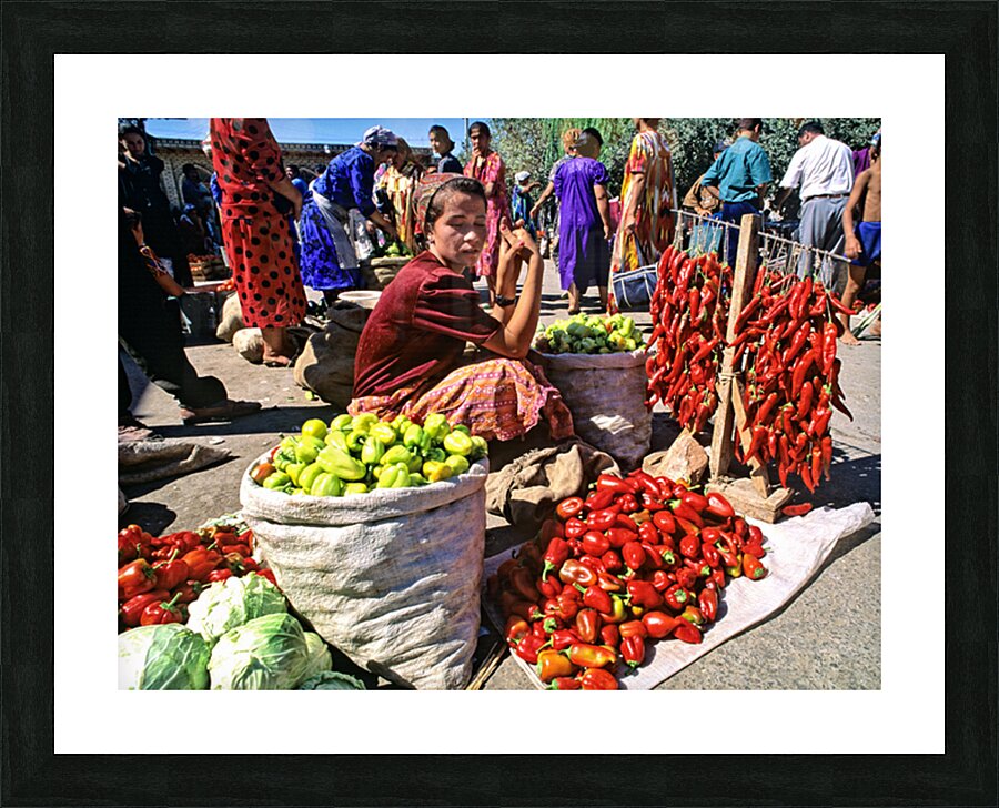 Market scene in Khiva with local produce and vendors Picture Frame print