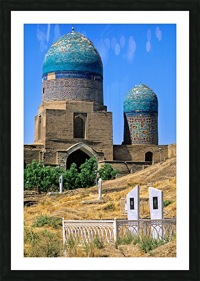 Cemetery in Samarkand with blue domes and historical buildings Picture Frame print