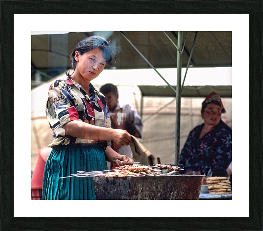 Street food vendors serve meat skewers in Samarkand Uzbekistan Picture Frame print