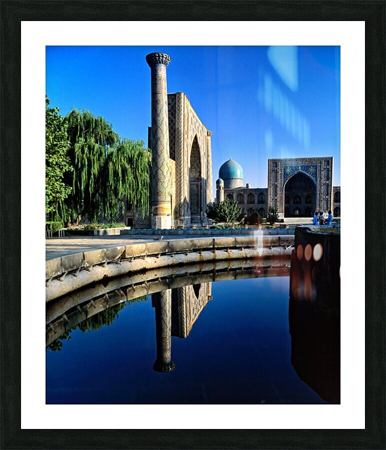 Samarkand reflects on a calm day in Uzbekistan Picture Frame print