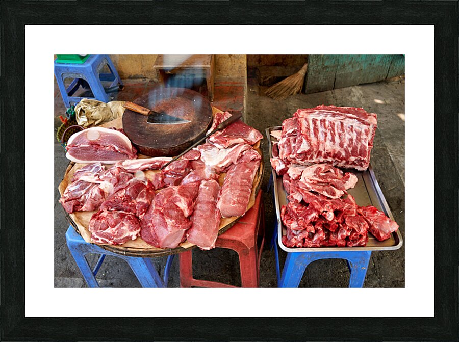 Fresh meat sold in Hanoi market during daytime Picture Frame print