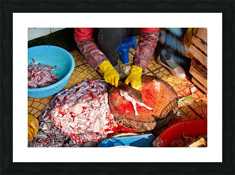 Market activity in Hanoi with fish preparation in progress Picture Frame print