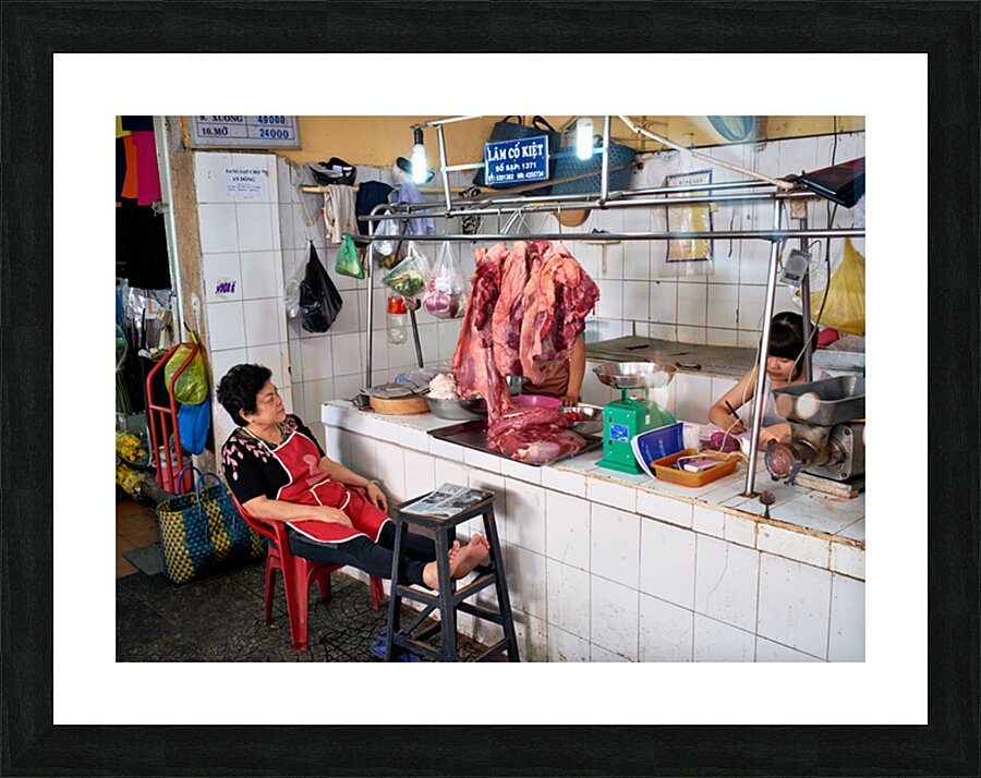 Market scene in Ho Chi Minh City with meat vendor and customer Picture Frame print