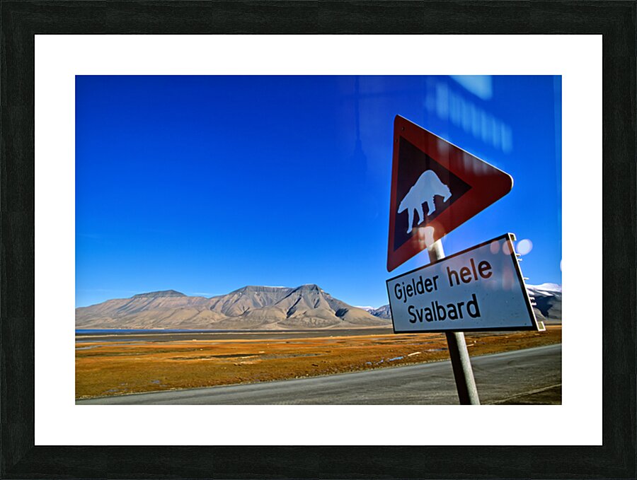 Warning sign for polar bears in Longyearbyen Svalbard Picture Frame print