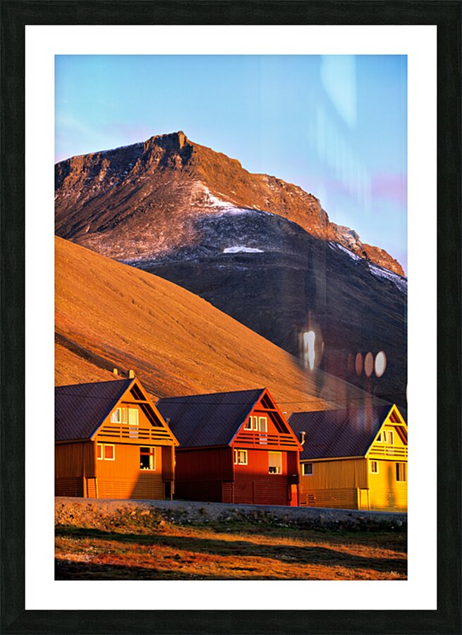 Colorful houses under a mountain in Longyearbyen Svalbard Picture Frame print
