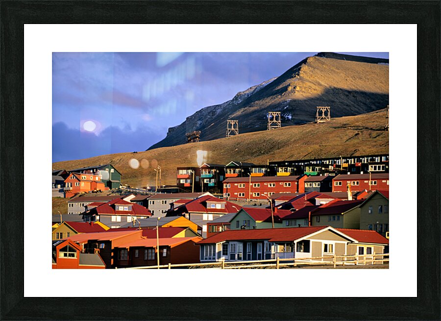 Colorful buildings in Longyearbyen Svalbard at sunset Picture Frame print