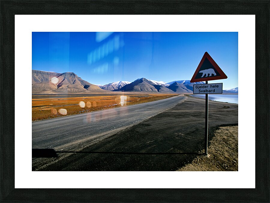 Warning signs for polar bears in Longyearbyen Svalbard Picture Frame print