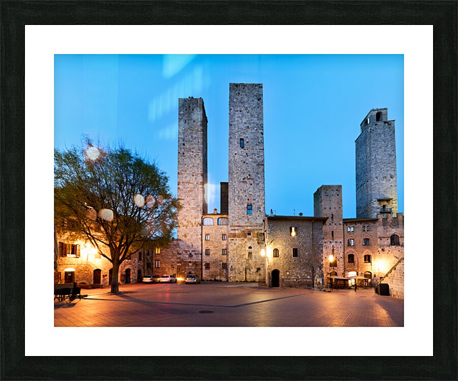 Sunset view of Piazza del Duomo in San Gimignano Tuscany Picture Frame print