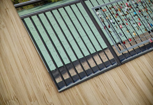 Germany Bavaria Romantic Road. Fussen. St. Mang Abbey  and museum on river Lech. Lovers padlocks Marco Brivio puzzle