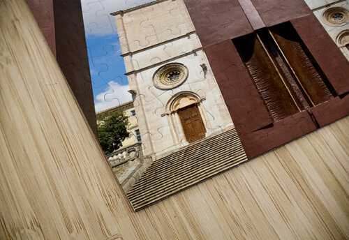 Todi Umbria Italy. Concattedrale della Santissima Annunziata. Cathedral. Piazza del Popolo. The statue Quattro Stele by Arnaldo Pomodoro Marco Brivio puzzle