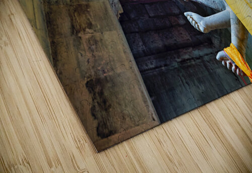 Ancient multi armed statue yellow fabric inside stone temple. Marco Brivio puzzle