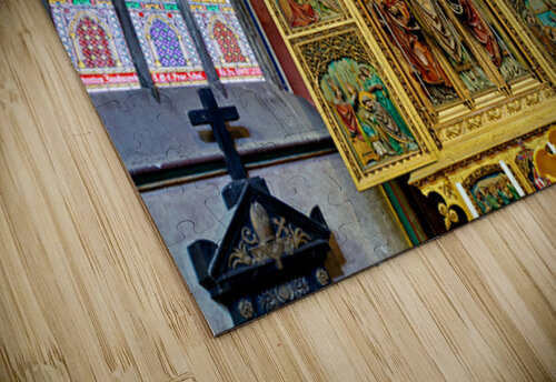 Ornate golden altarpiece and vibrant stained glass windows in a  Marco Brivio puzzle