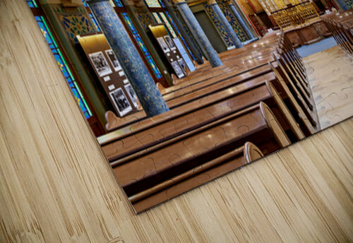 Grand ornate synagogue interior featuring golden ark and pews. Marco Brivio puzzle