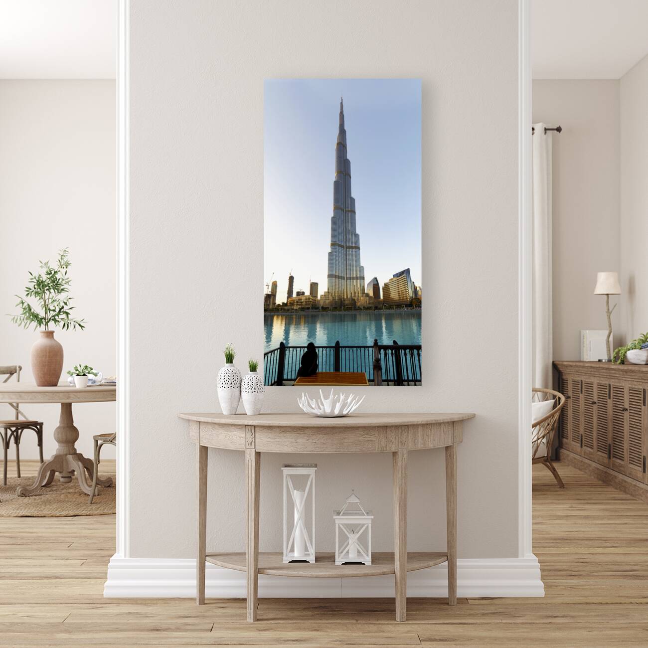 Dubai. UAE. Burj Khalifa. A veiled woman on a bench Reproduction