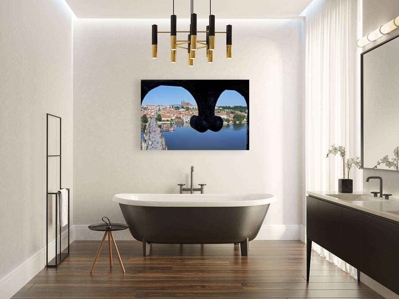 Czech Republic. Prague. Framed view of Charles Bridge Vltava river and the castle hrad Reproduction