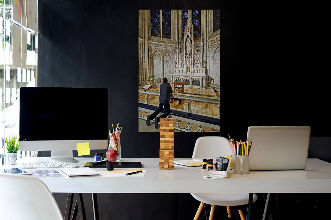 New York. Manhattan. United States. St. Patricks cathedral. A faithful prays in a chapel Reproduction