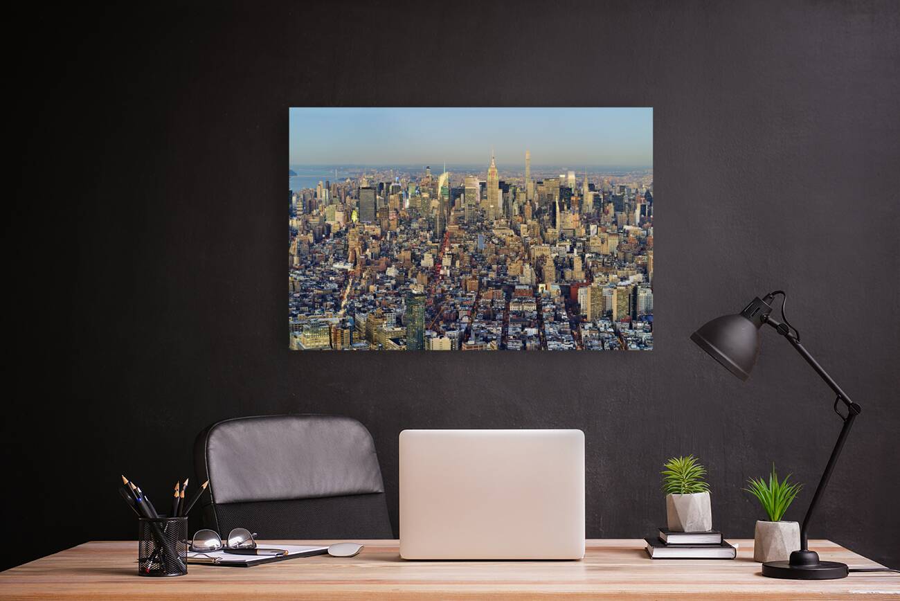 New York. Manhattan. United States. Aerial View Downtown at sunset Reproduction