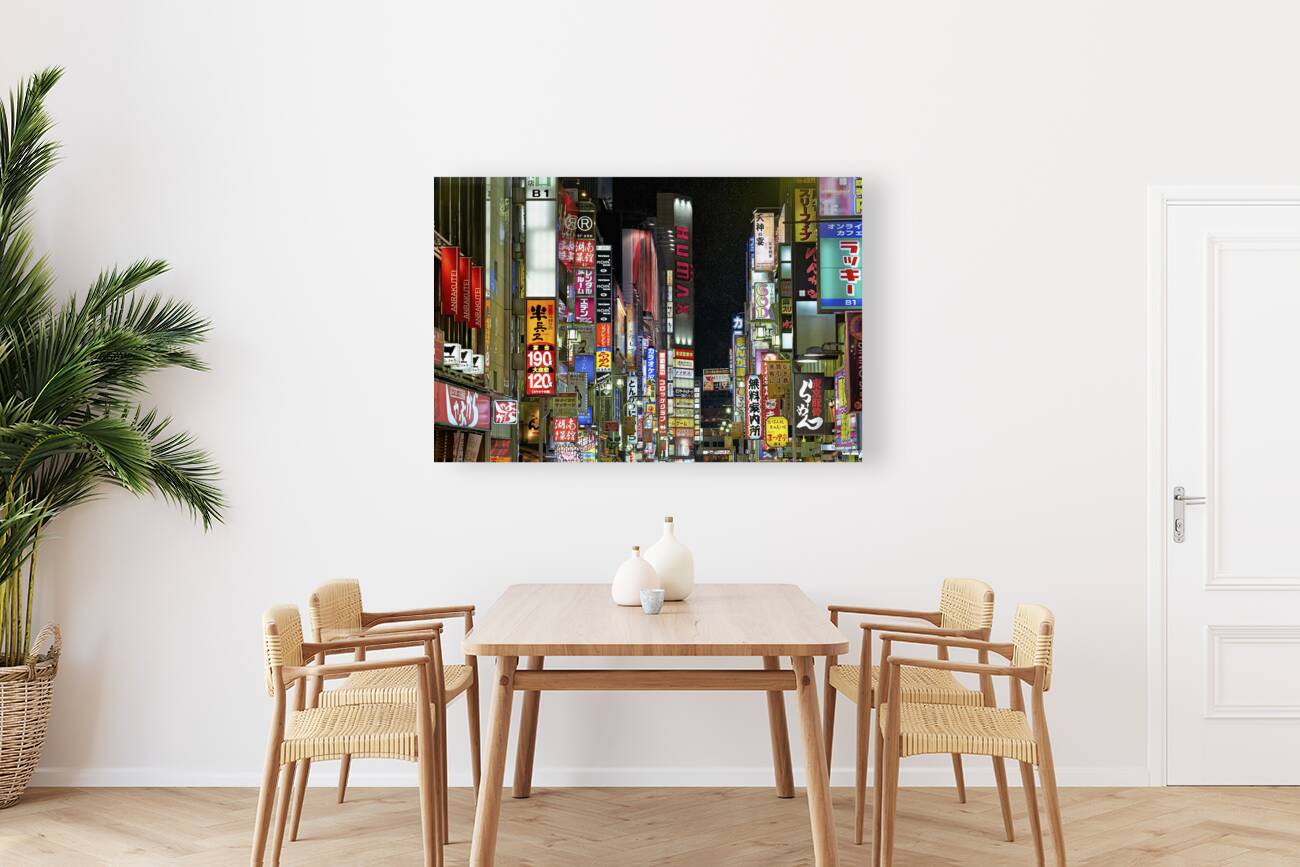 Japan. Tokyo. Neon lights in Shinjuku district at night Reproduction