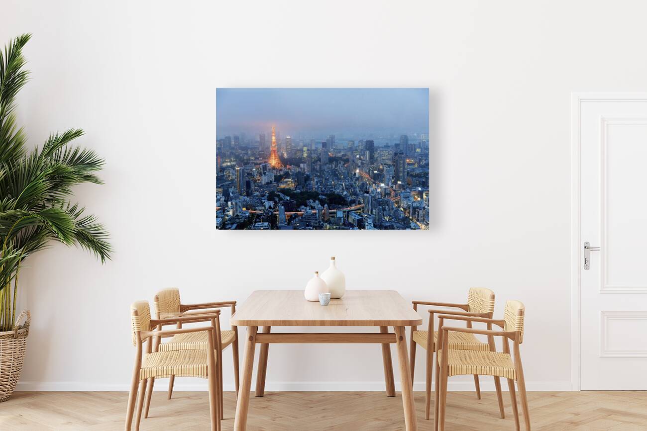 Japan. Tokyo. Aerial view of Tokyo Tower at dusk Reproduction