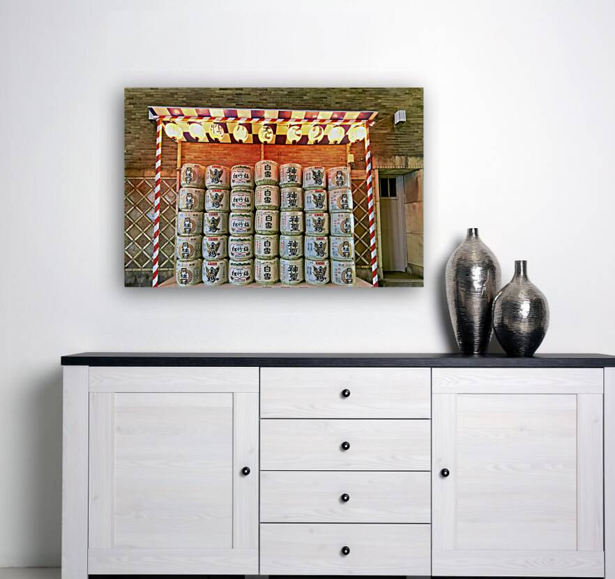 Japan. Kyoto. Sake barrels at Gion district Reproduction
