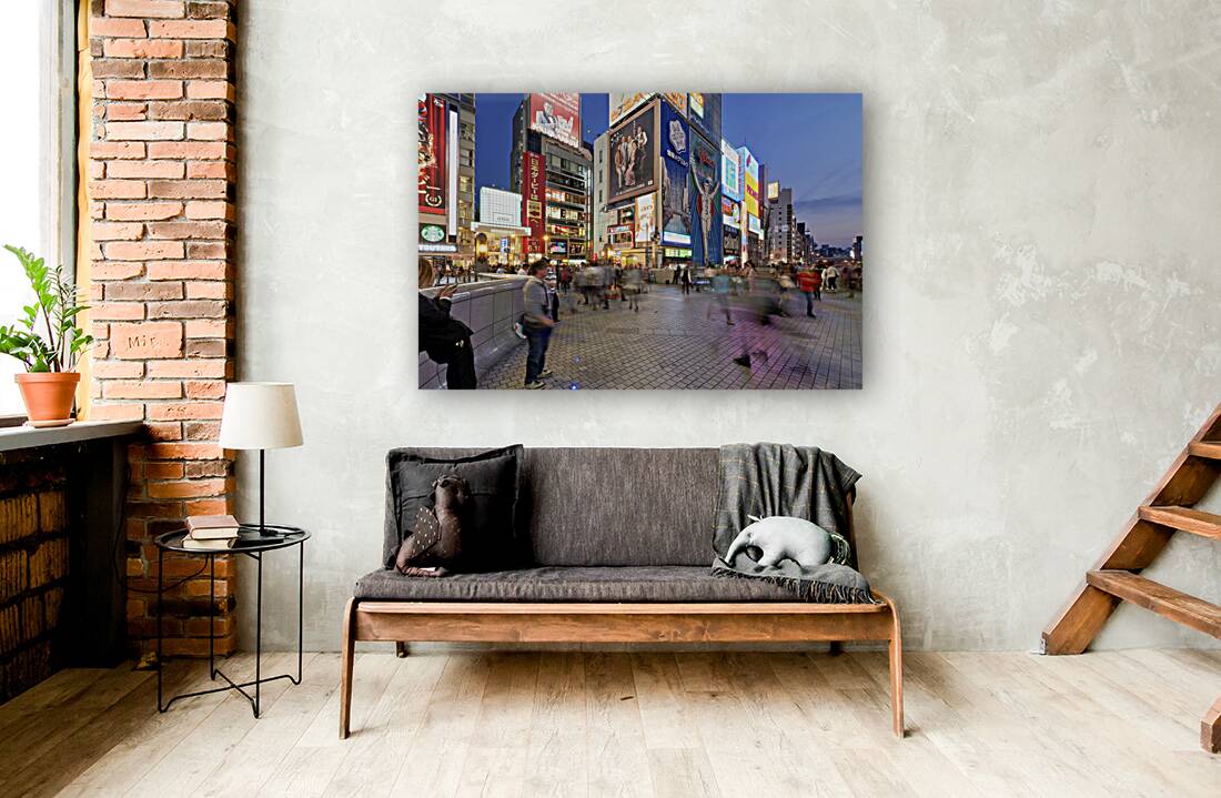 Japan. Kansai. Osaka. Illuminated signboards in Dotonbori District at sunset Reproduction