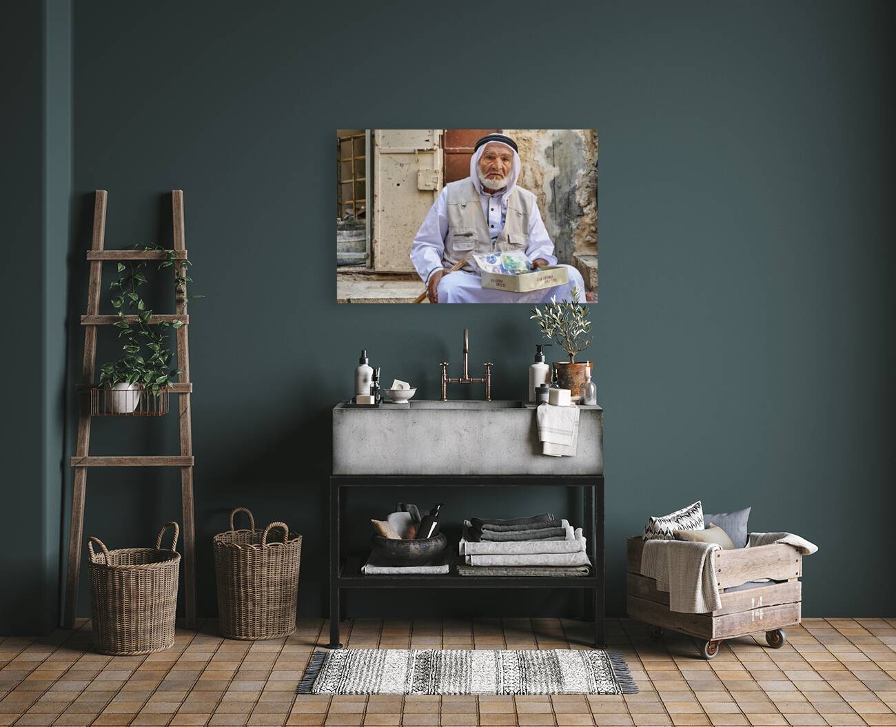 Jerusalem Israel. Portrait of an old arab beggar man in the old city Reproduction