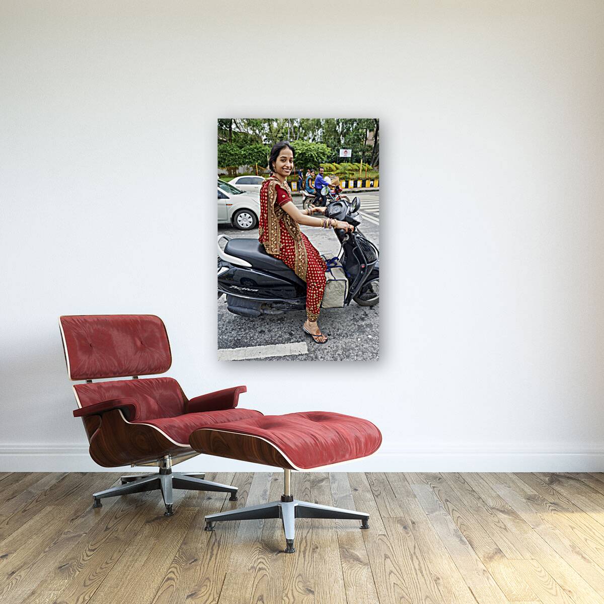 India Rajasthan Udaipur. A beautiful smiling girl on a scooter Reproduction