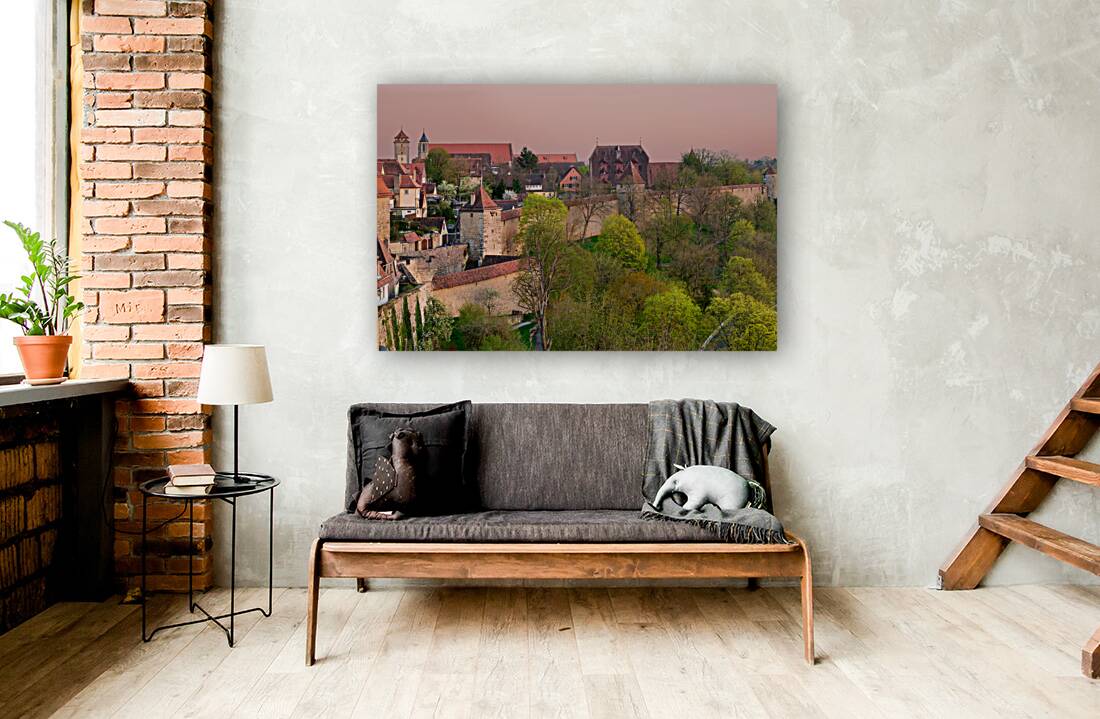 Germany Bavaria Romantic Road. Rothenburg ob der Tauber. Fortified walls at dusk Reproduction