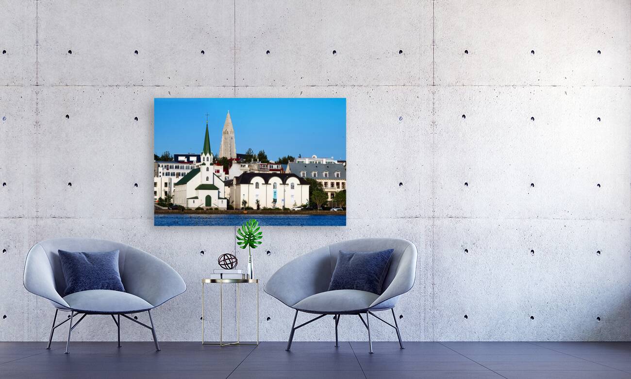 Reykjavik cityscape on lake Tjornin. Iceland Reproduction